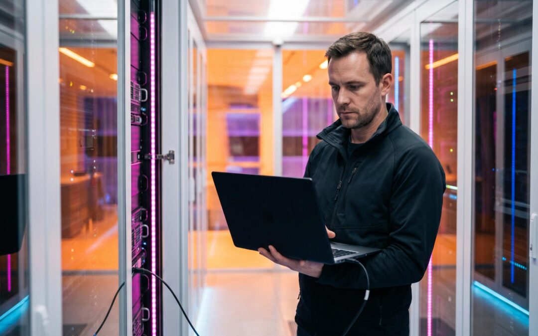 IT professional reviewing data on a laptop in a server room