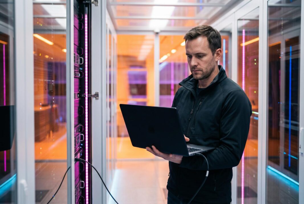 IT professional reviewing data on a laptop in a server room