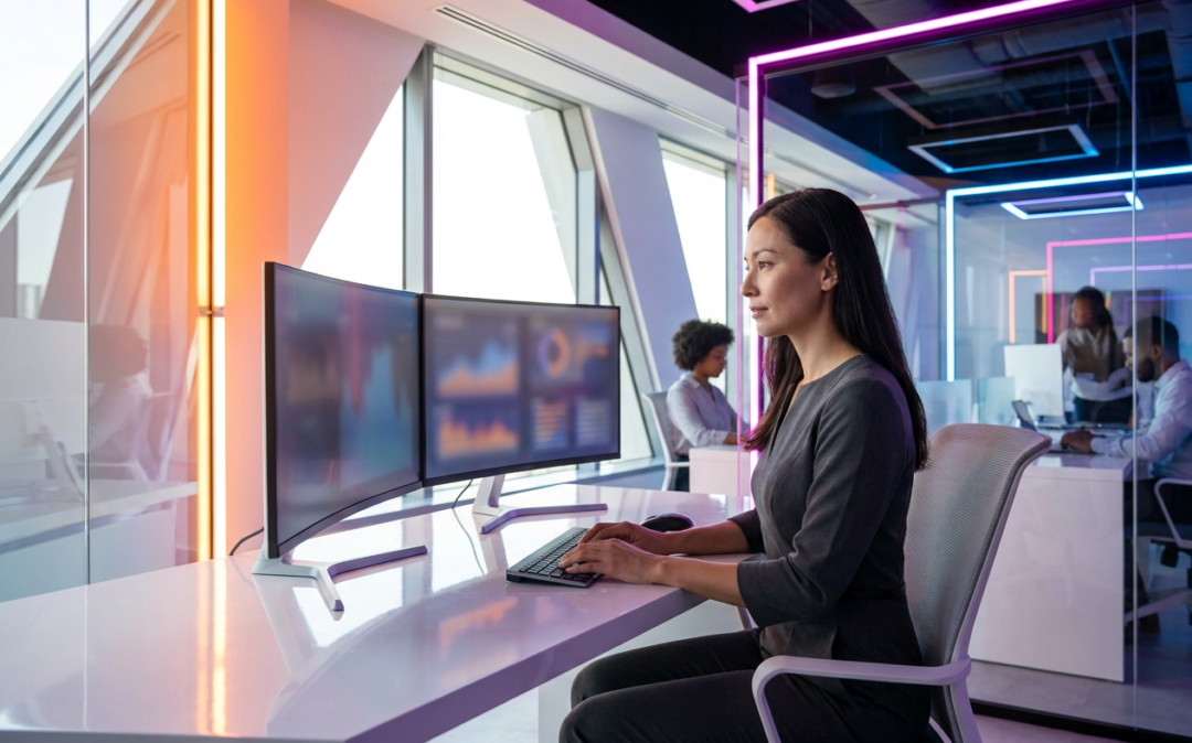 Businesswoman monitoring dashboards on dual curved monitors in office