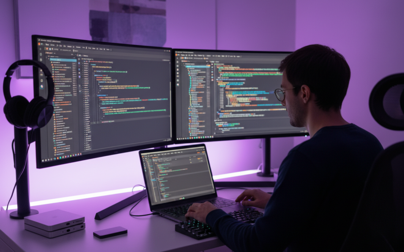 Developer coding on dual monitors and laptop in a purple-lit setup
