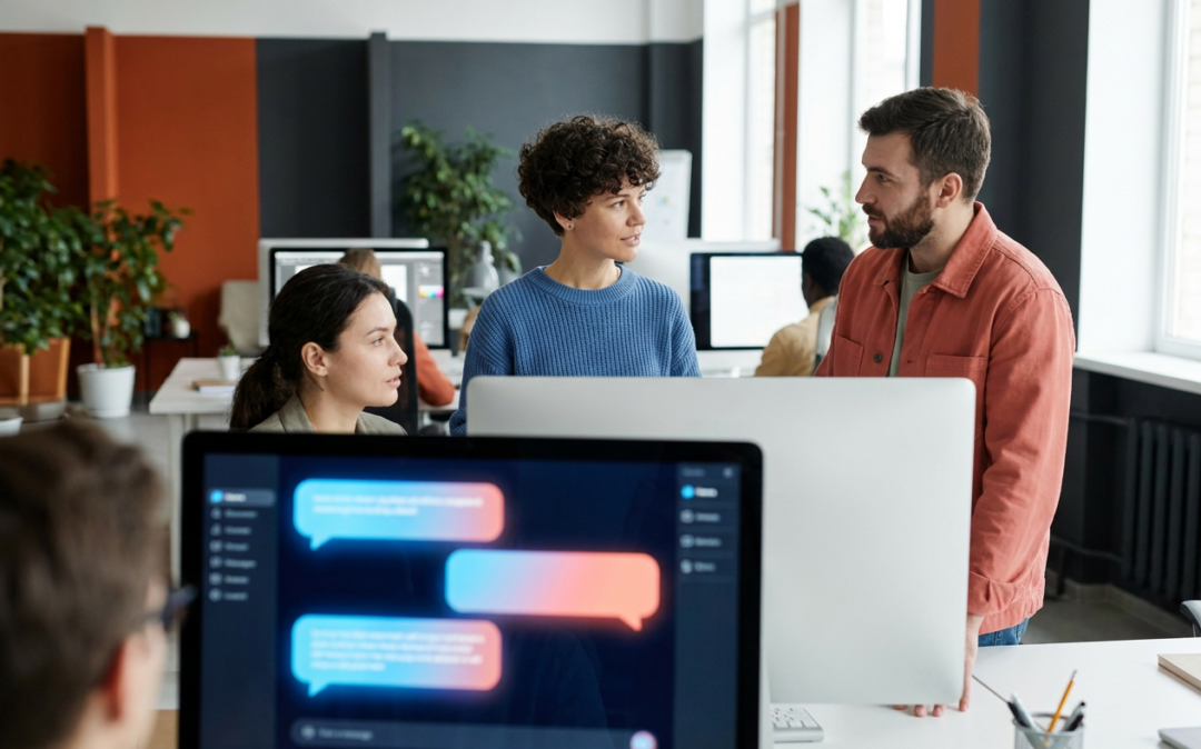 Colleagues discussing a messaging app interface on office monitors