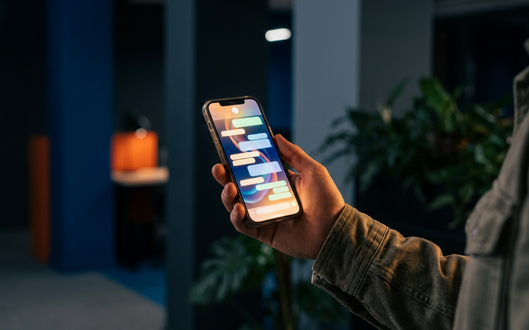 Hand holding a smartphone displaying a chat conversation