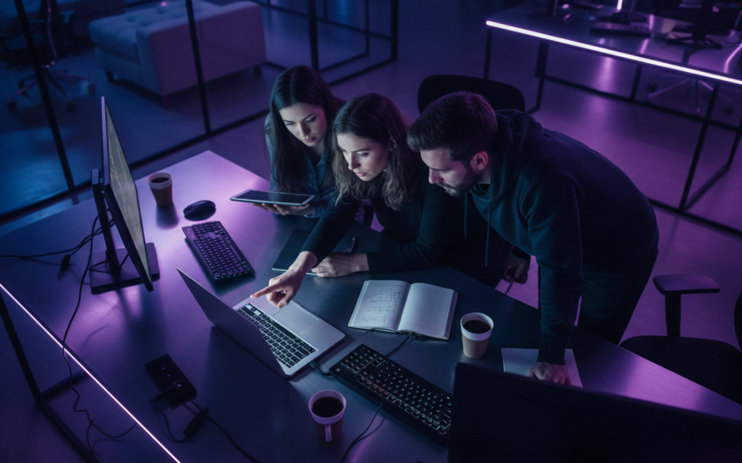 Colleagues collaborating around a laptop in a dark, neon-lit office