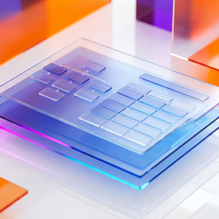 Abstract glass panels forming a translucent keyboard-like structure