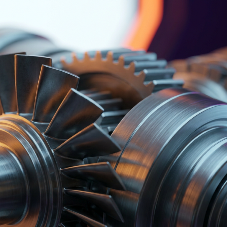 Close-up of interlocking metal turbine gears and blades
