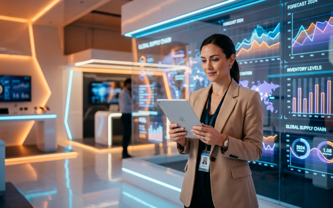 Businesswoman viewing global supply chain forecasts on a tablet