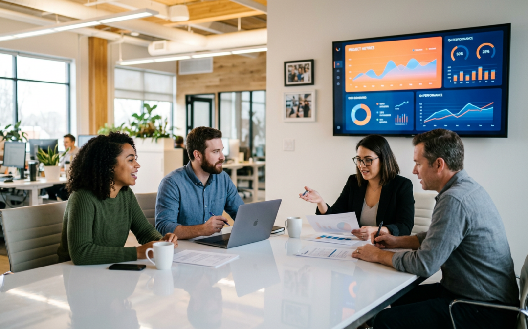 Business team discussing performance metrics around a meeting table