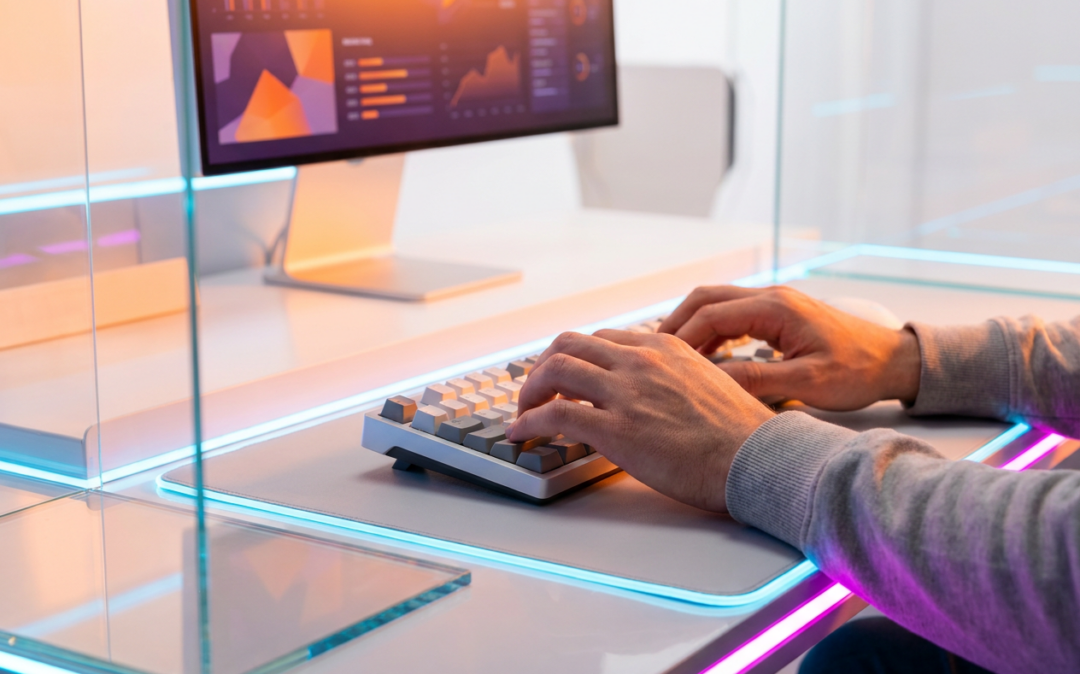 Close-up of hands typing on a keyboard with dashboard on screen