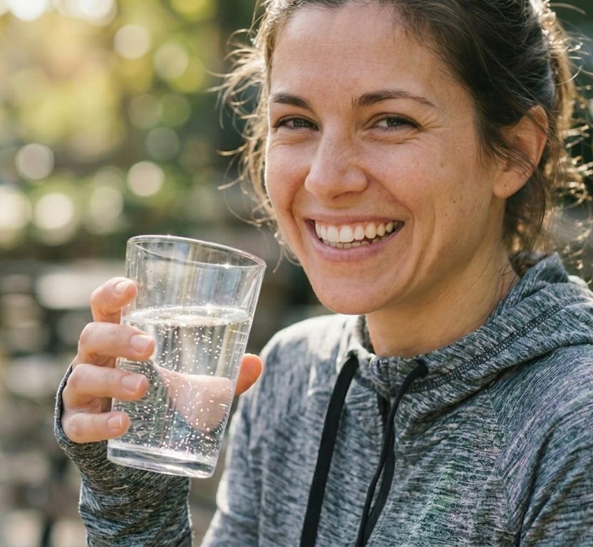 Lächelnde Frau trinkt ein Glas Gerolsteiner Mineralwasser (KI-generiert)