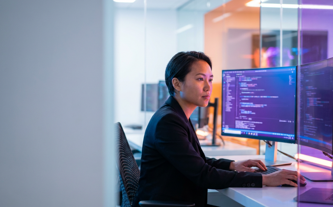Businesswoman coding on curved monitors in a glass office