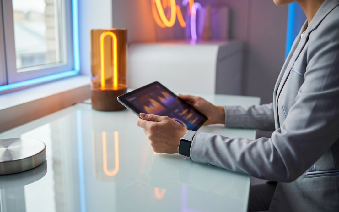 Businesswoman holding a tablet with data charts near a neon lamp