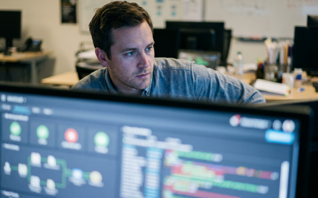 Man intently monitoring system status dashboard on office screen