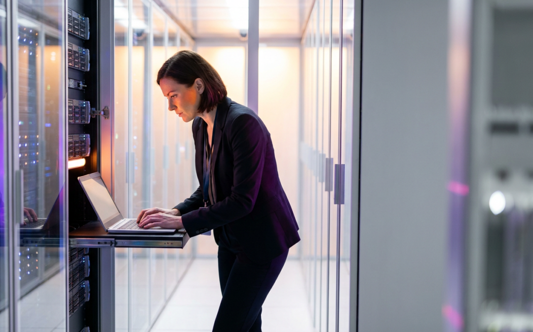 Businesswoman standing beside a digital network display in an office
