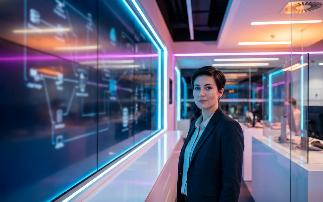 Businesswoman standing beside a digital network display in an office