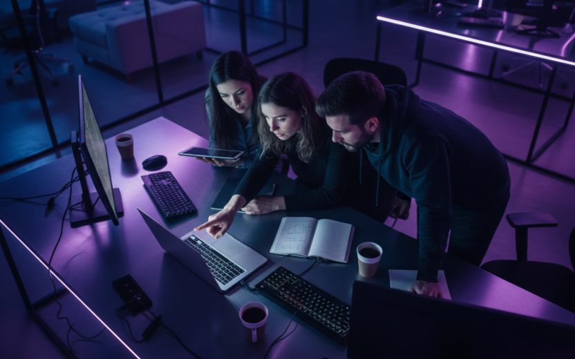 Colleagues collaborating around a laptop in a dark neon-lit office