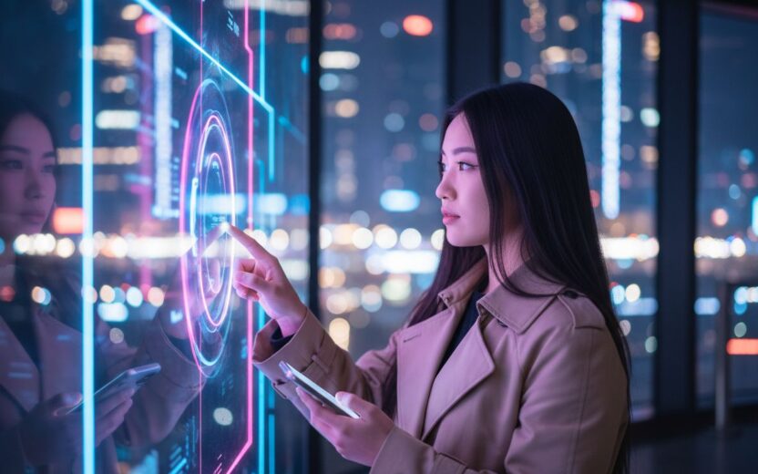 Woman interacting with a futuristic holographic touch display at night