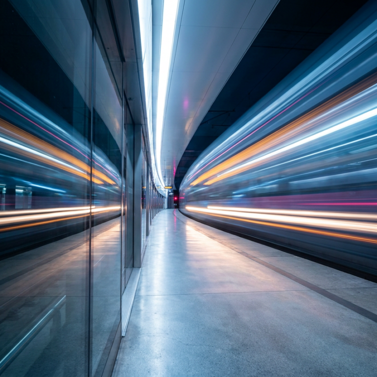 Colorful light trails streaking through a modern train station