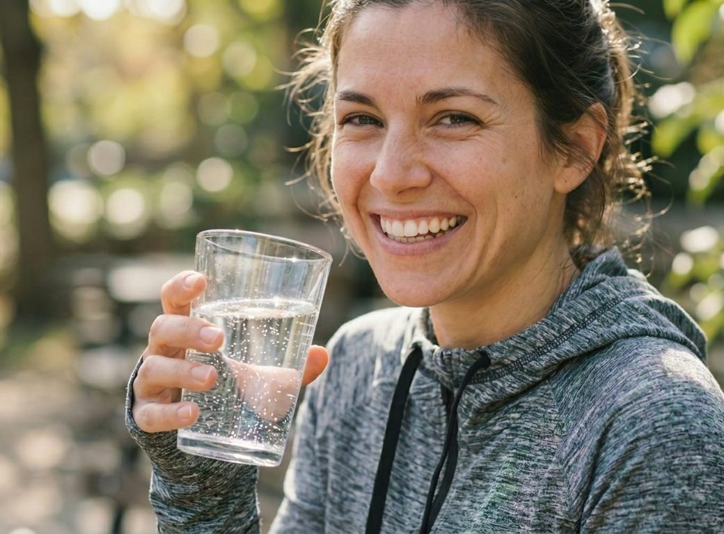A smiling woman drinks a glass of Gerolsteiner mineral water (AI-generated)