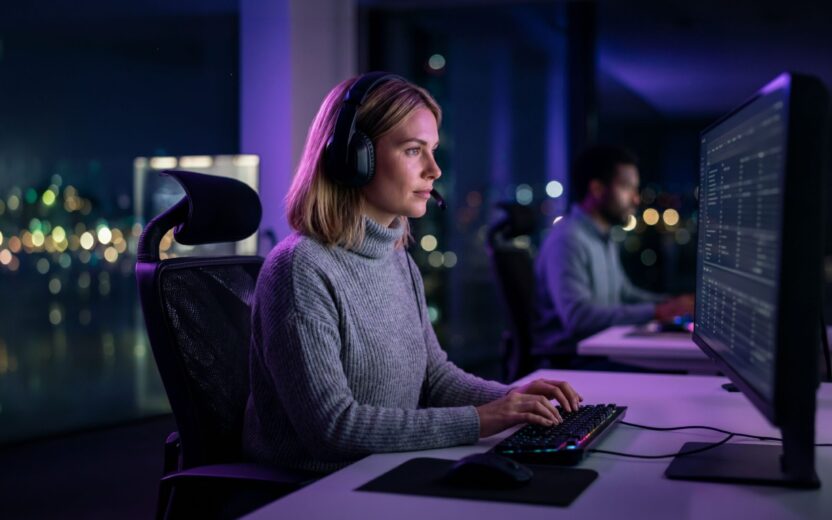 Eine Frau mit Kopfhörern, die in einem Nachtbüro am Computer arbeitet. KI-Kundendienstmitarbeiterin.