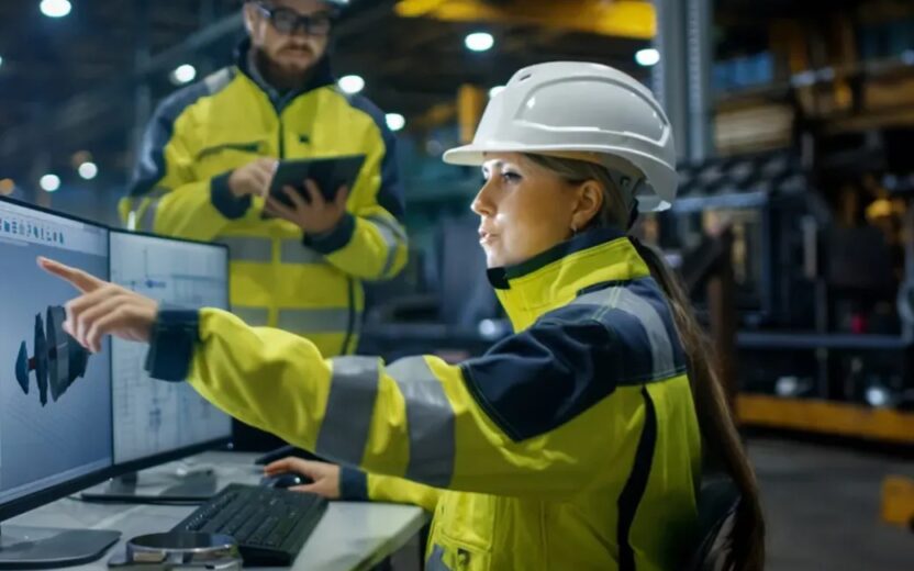 Um engenheiro industrial trabalha ao computador