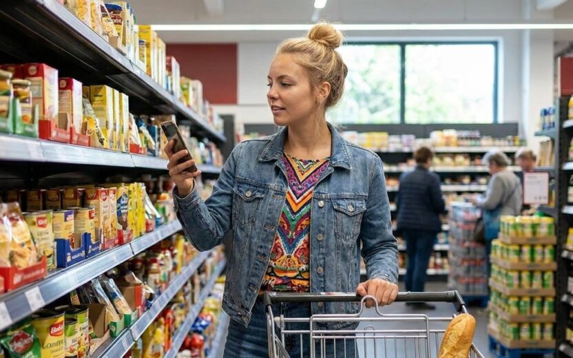Junge Frau beim Einkauf im Supermarkt mit einem Einkaufswagen scannt die Produkte im Regal mit ihrem Smartphone