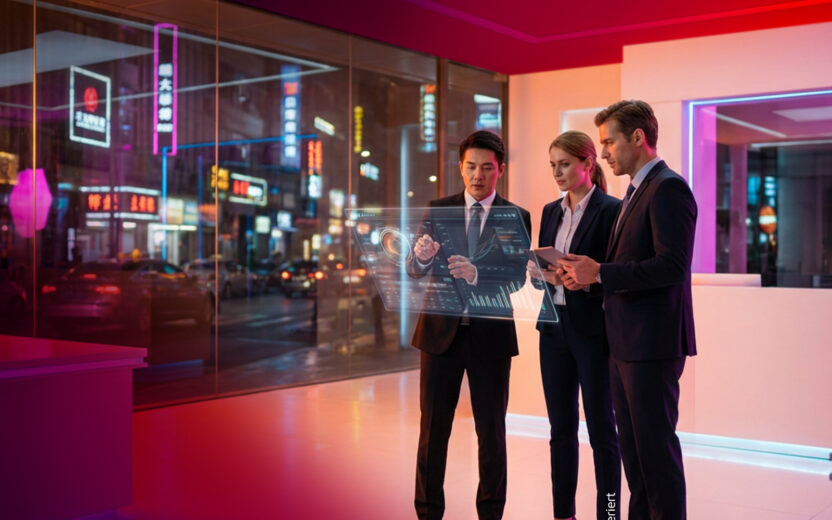 Three business professionals analyzing holographic data display in modern office at night
