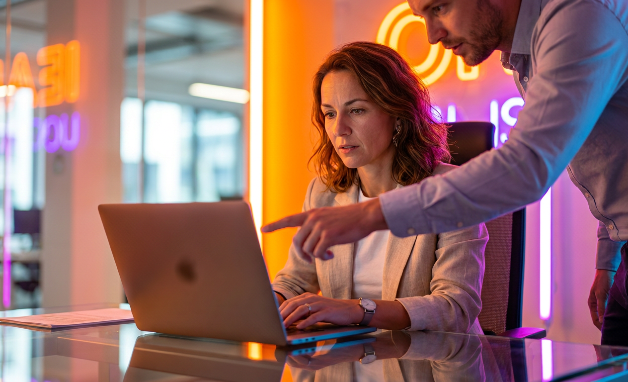 Businesswoman and colleague reviewing content on a laptop in a modern office