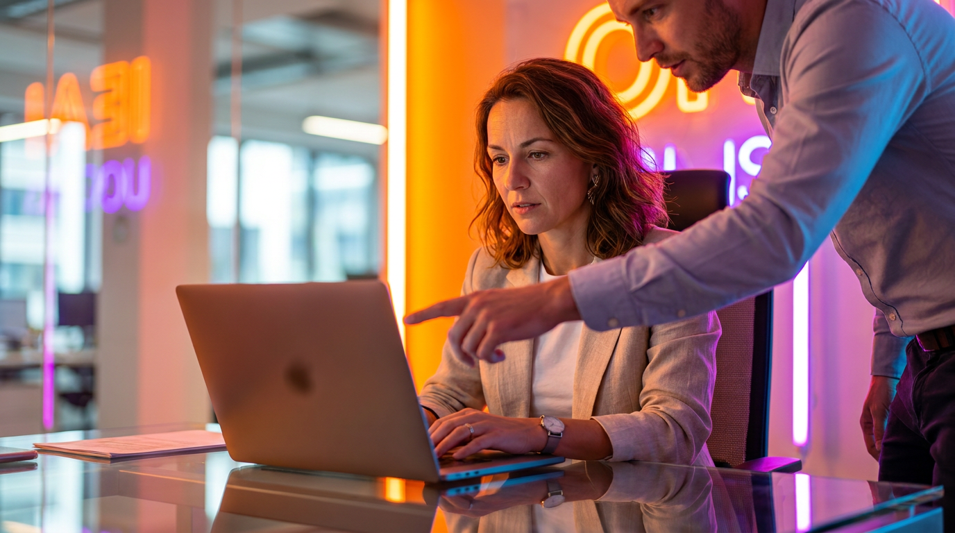 A businesswoman and a colleague are working on an AI value roadmap for the Autonomous Enterprise Journey.
