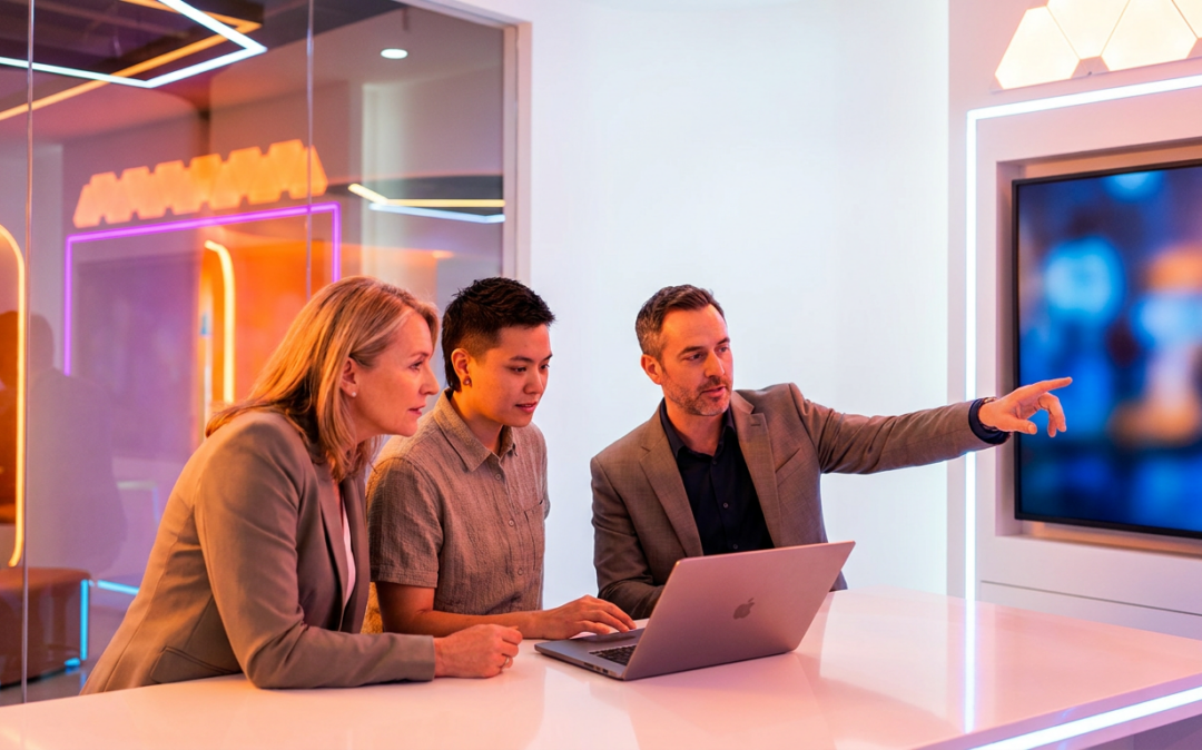 Three colleagues discuss data on a laptop while a man points to a screen