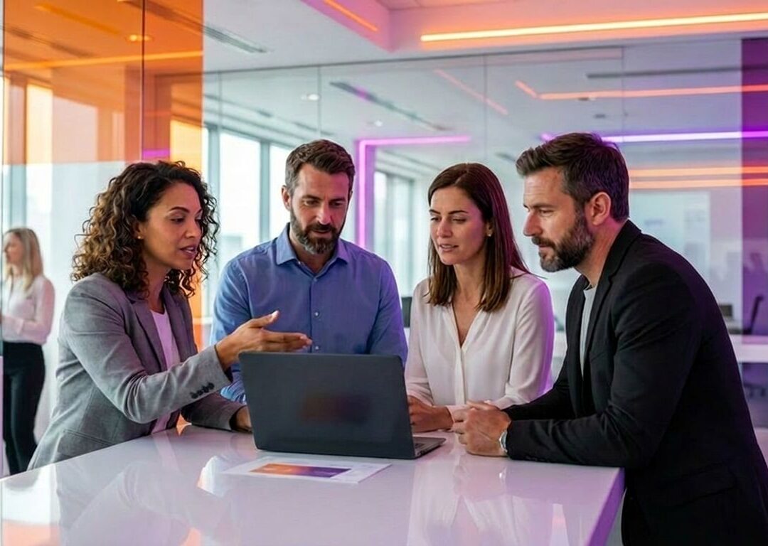 Four business colleagues discussing data on a laptop in a modern office