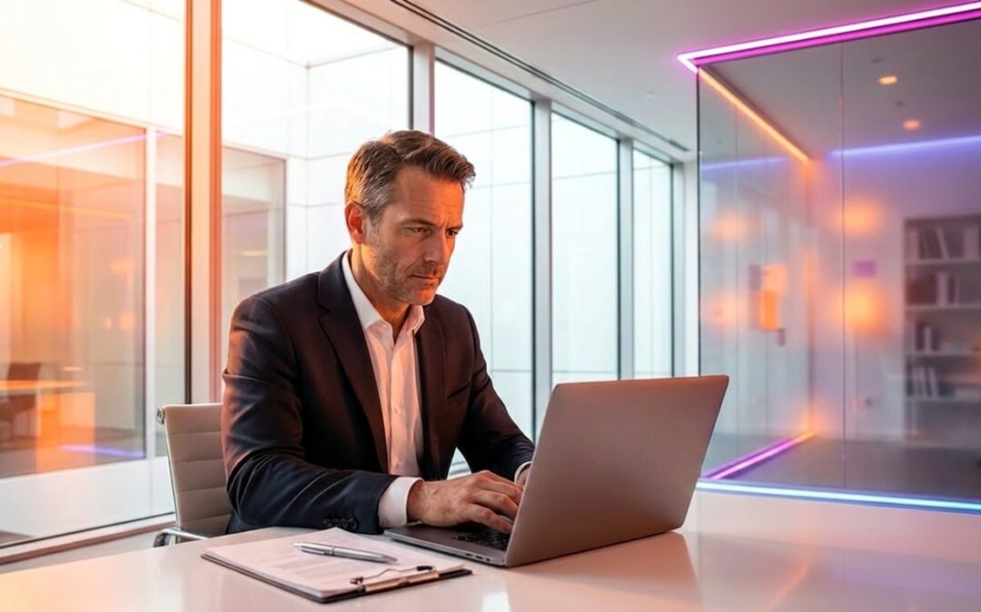 Geschäftsmann, der an einem Schreibtisch in einem modernen Büro mit Neonbeleuchtung an seinem Laptop arbeitet