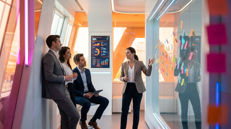 Geschäftsfrau, die ihren Kollegen in der Nähe des KPI-Dashboards Ideen auf Haftnotizen präsentiert