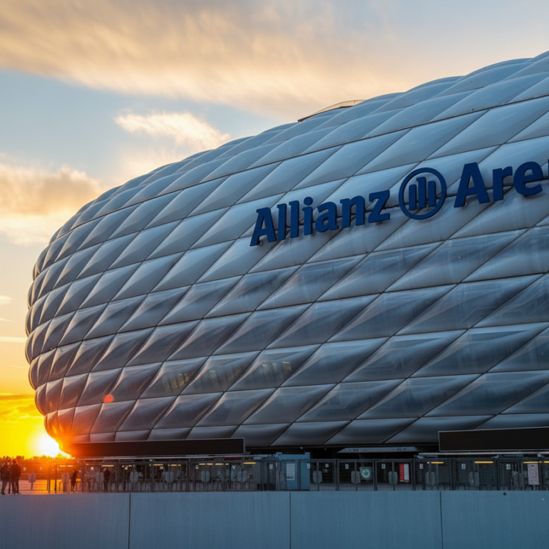 Foto von der Allianz Arena, Sonnen im Hintergrund