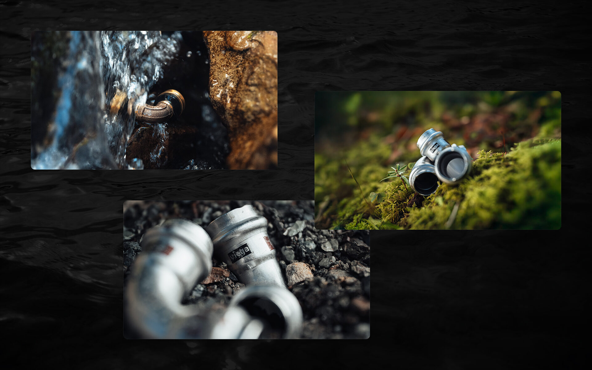 3 Fotos von Viega Bauteilen in der Natur.