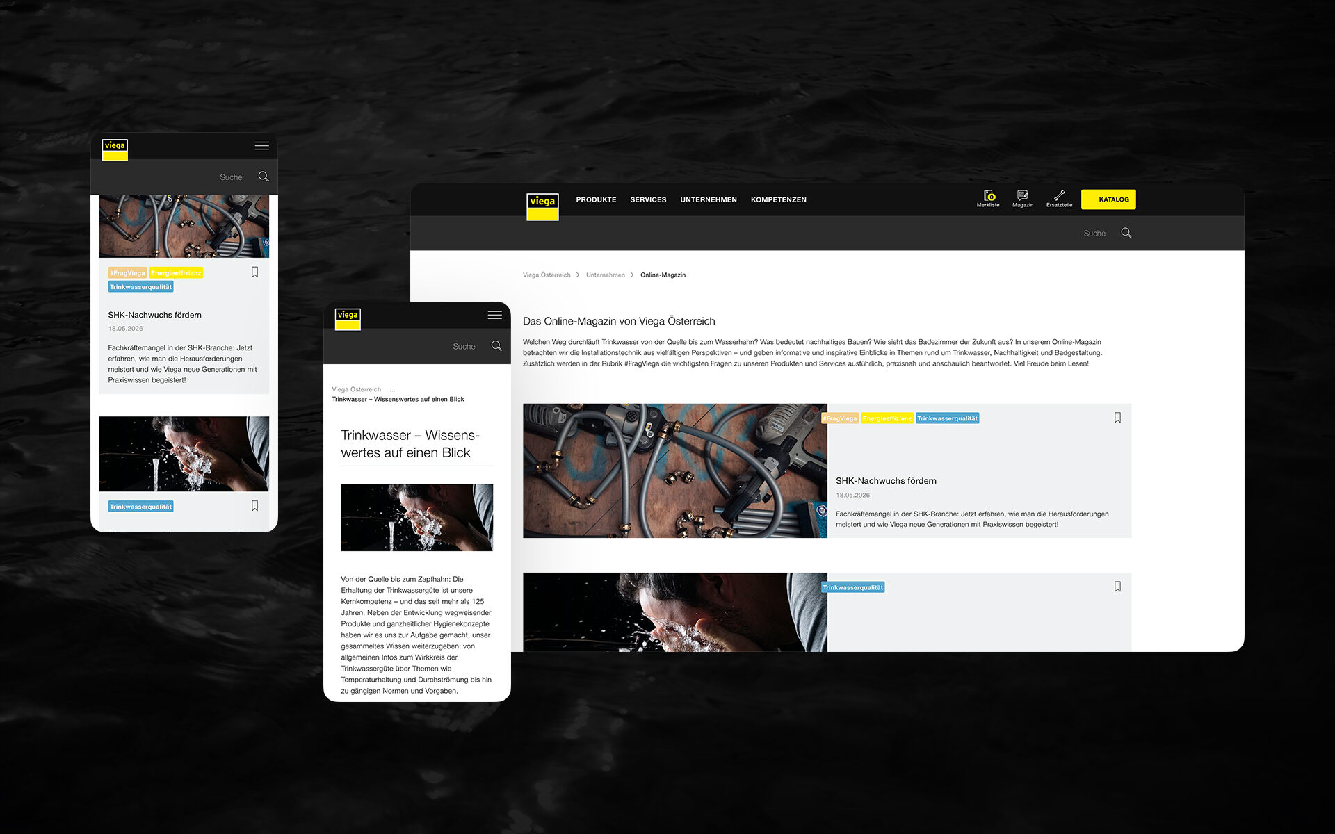 Zwei Hady-Screenshots und ein Desktop-Screenshot der Viega Website.