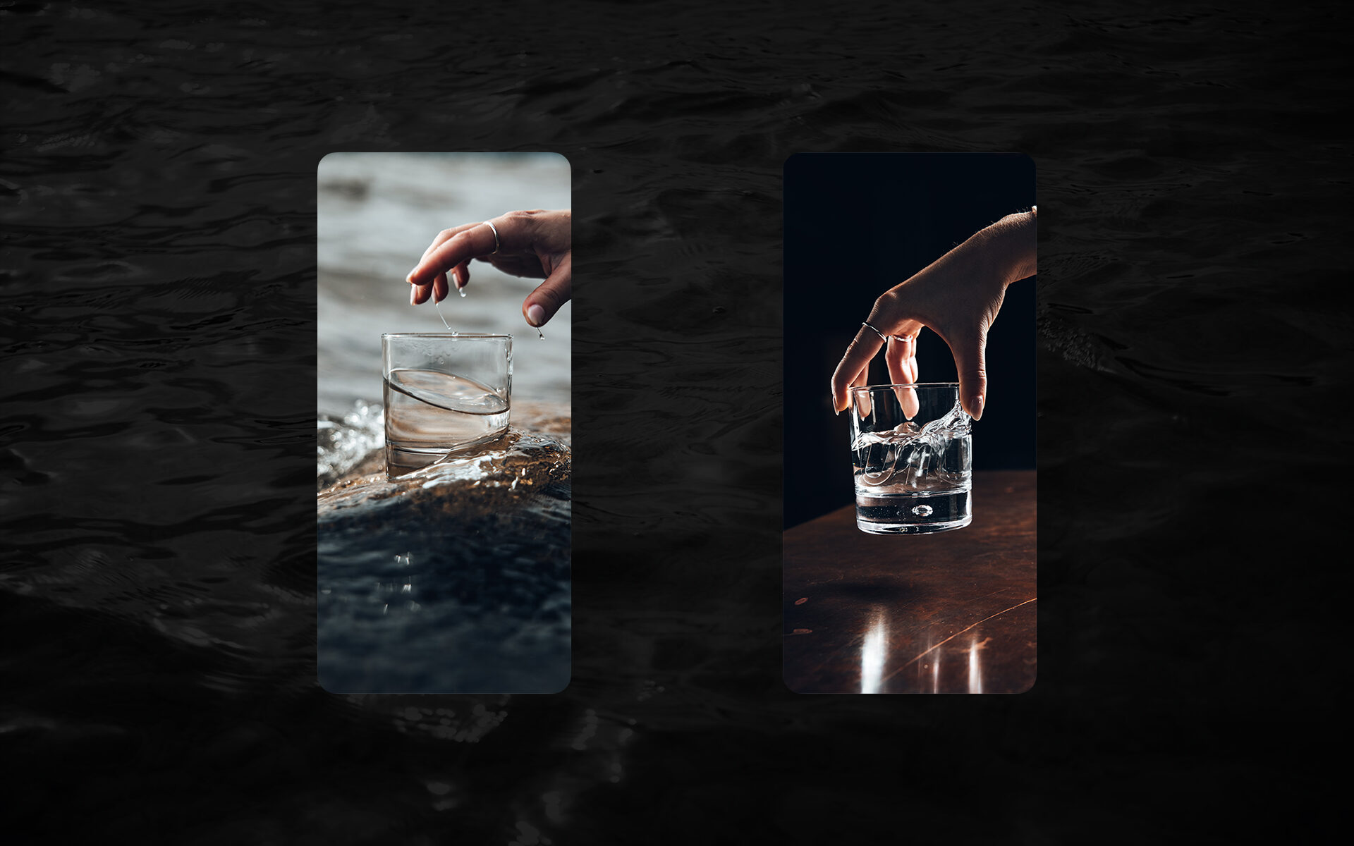 Zwei Fotos, auf denen eine Person nach einem Wasserglas greift.