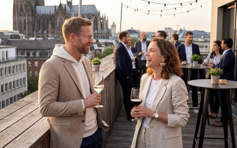 Personen auf einer Rooftop-Terrasse in Köln