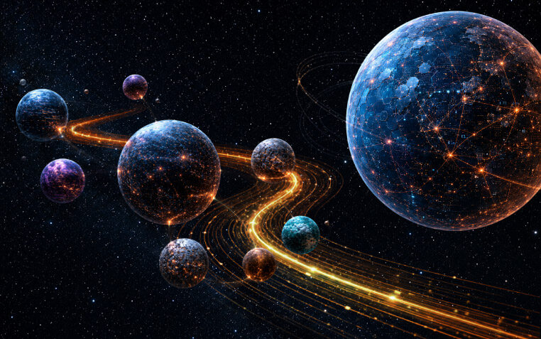 KI-generierte Darstellung von Planeten als Keyvisual von valantic beim DSAG-Jahreskongress 2026 eim DSAG-Jahreskongress