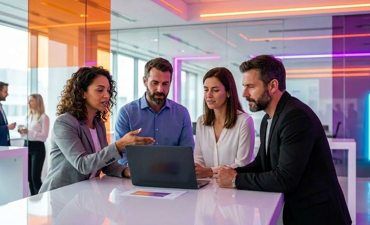 Vier Geschäftskollegen, die in einem modernen Büro Daten auf einem Laptop besprechen