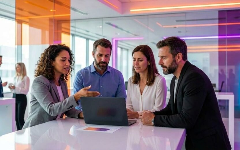 Vier Geschäftskollegen, die in einem modernen Büro Daten auf einem Laptop besprechen