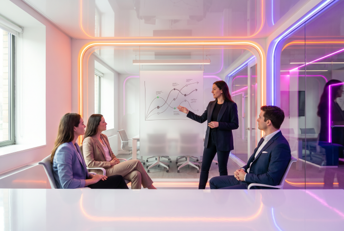 Businesswoman presents growth chart to colleagues in modern neon-lit office