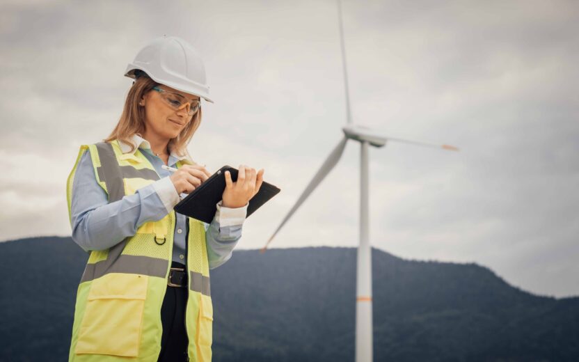 woman in the field in work clothes and laptop