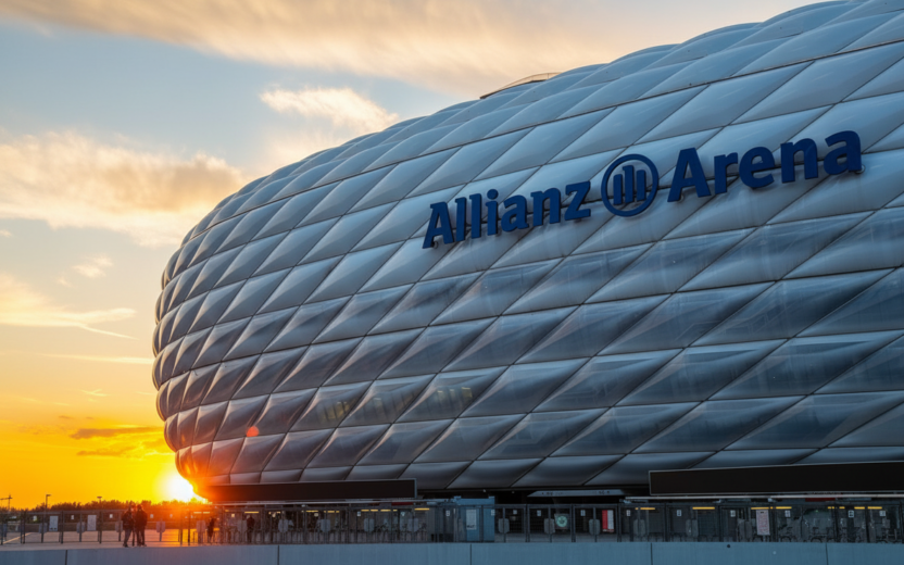Foto von der Allianz Arena, Sonnen im Hintergrund