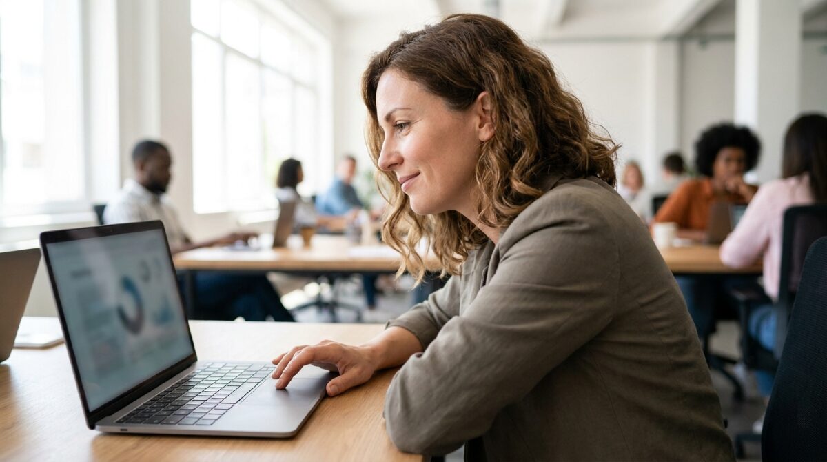 A businesswoman working on her laptop in a modern open-plan office