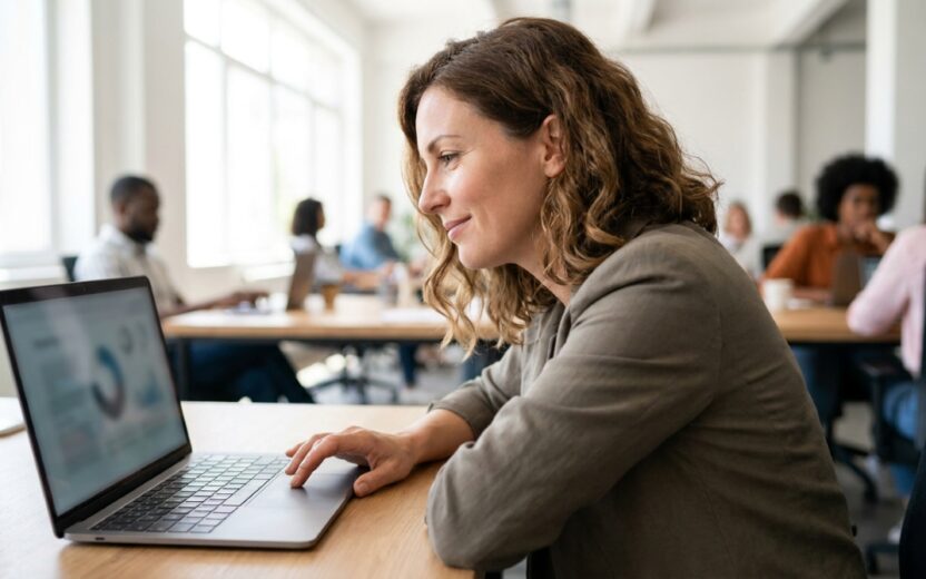 Businesswoman working on laptop in modern open-plan office