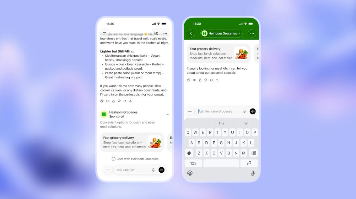 Screenshot von openai mit einem Smartphone-Sceenshot von einem ChatGPT-Verlauf inkl. Ads