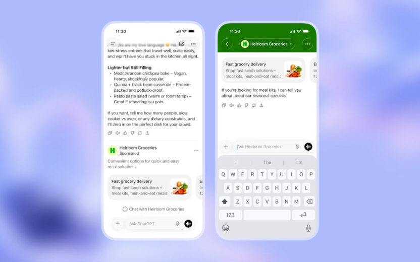 Screenshot von openai mit einem Smartphone-Sceenshot von einem ChatGPT-Verlauf inkl. Ads