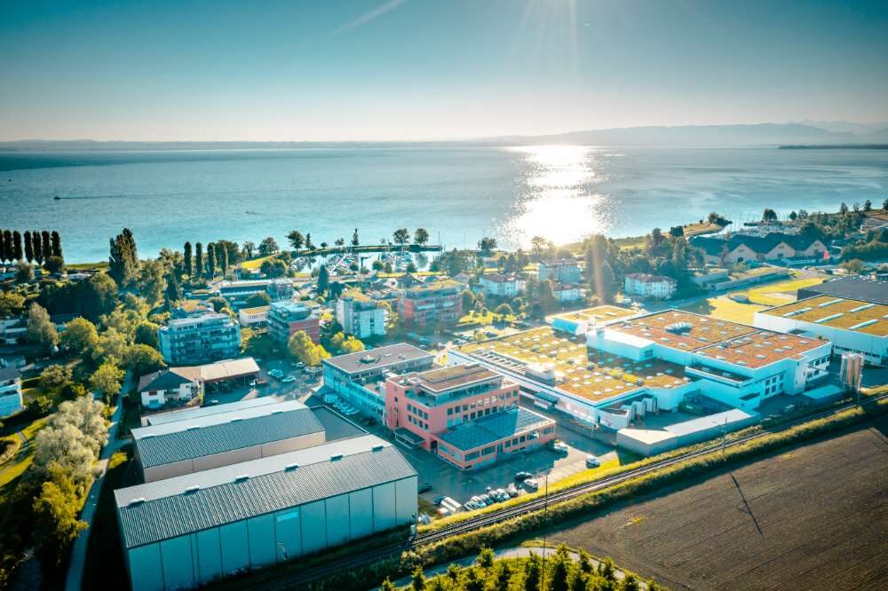 An aerial view of the Variosystems campus in Steinach, Switzerland.