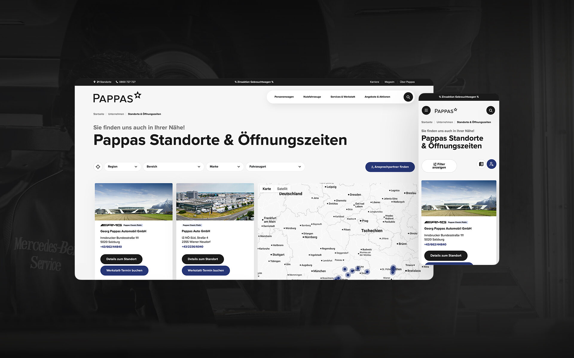Screenshot der Pappas Website mit der Standortsuche
