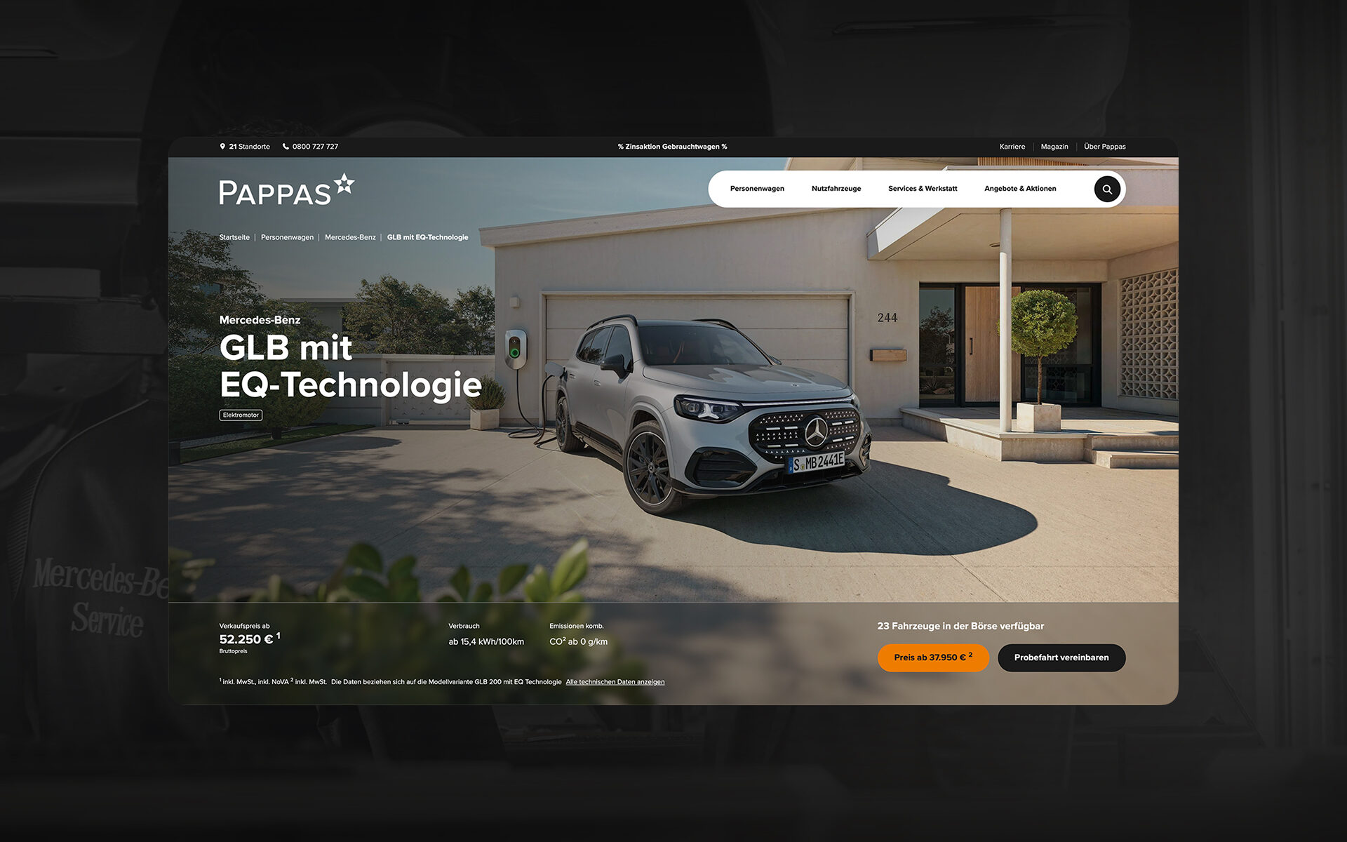 Screenshot einer Modellseite auf der Pappas Website